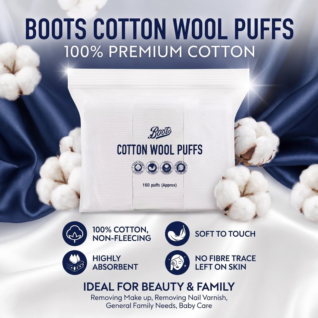 ภาพเพิ่มเติมของ Boots Cotton Wool Puffs 160 Puffs บู๊ทส์ คอทเทิน วูล พัฟส์ 160 แผ่น (สำลีแผ่น)