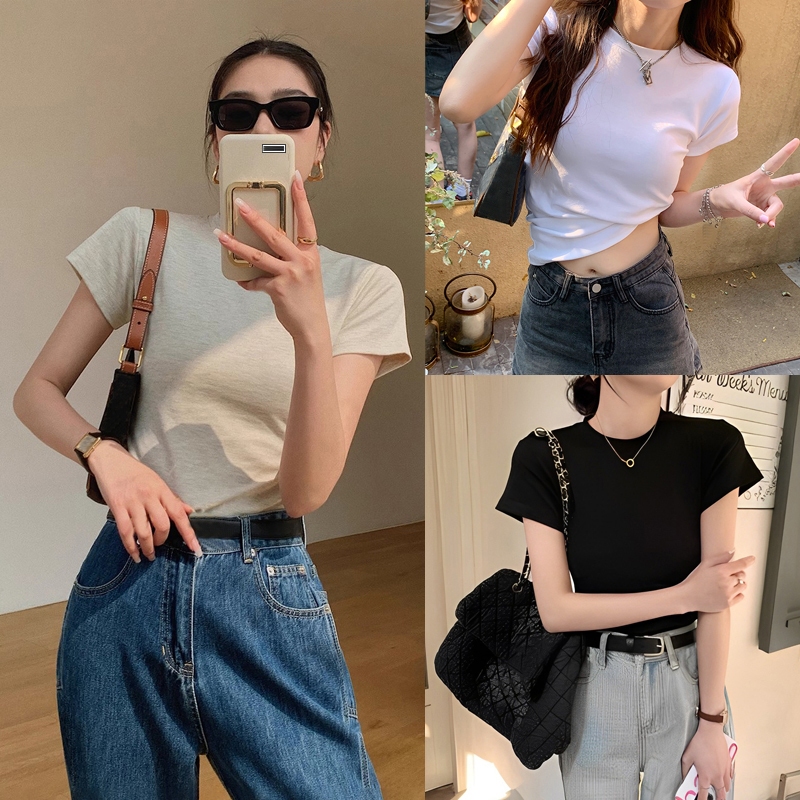 ภาพเพิ่มเติมของ Bella🌻เสื้อยืดผู้หญิง คอกลมแขนสั้น สีทึบ แฟชั่น