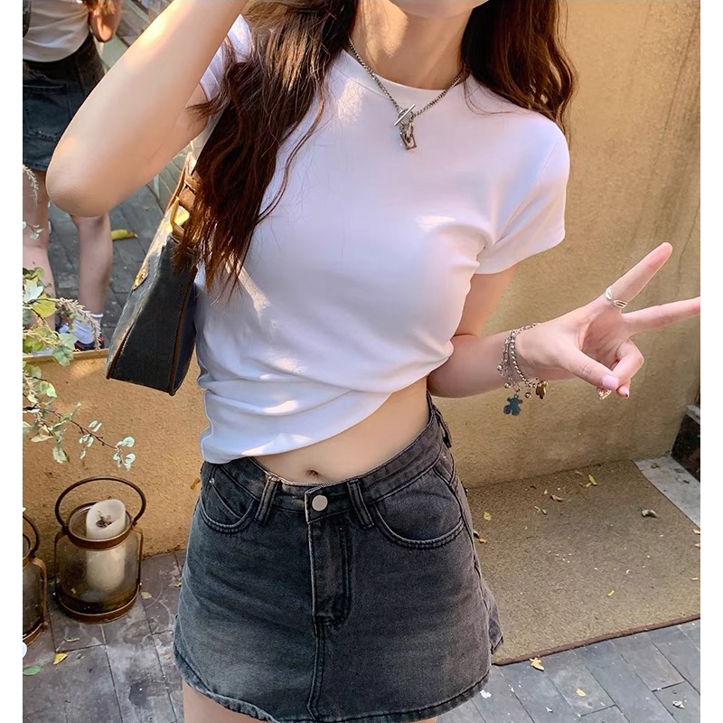 ภาพเพิ่มเติมของ Bella🌻เสื้อยืดผู้หญิง คอกลมแขนสั้น สีทึบ แฟชั่น