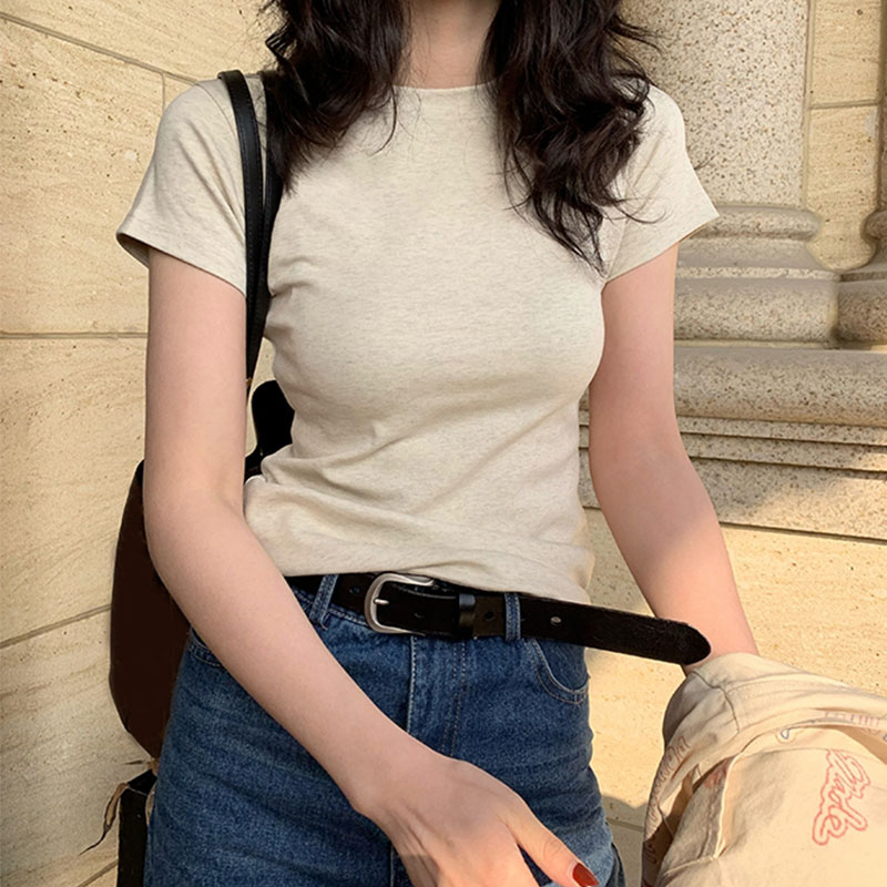 ภาพเพิ่มเติมของ Bella🌻เสื้อยืดผู้หญิง คอกลมแขนสั้น สีทึบ แฟชั่น