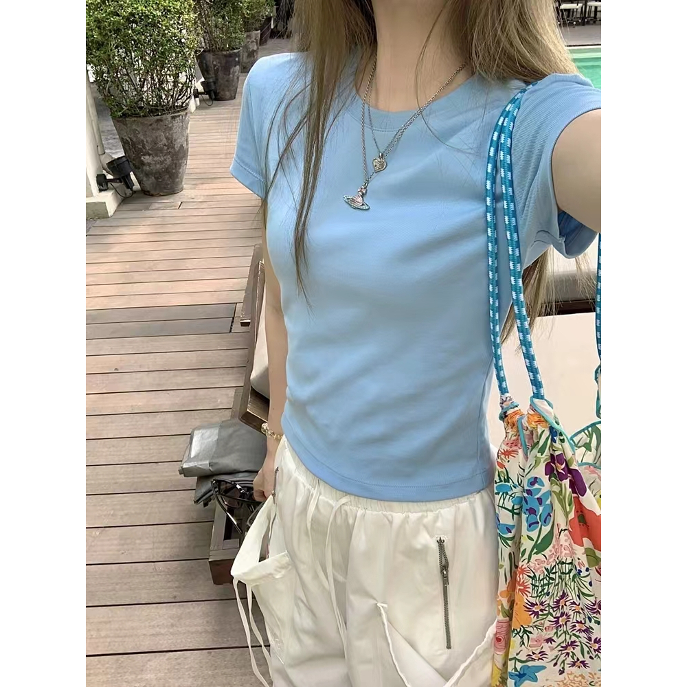 ภาพเพิ่มเติมของ Bella🌻เสื้อยืดผู้หญิง คอกลมแขนสั้น สีทึบ แฟชั่น