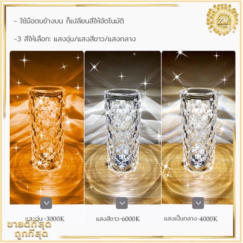 ภาพเพิ่มเติมของ ไฟเซ็นเซอร์ โคมไฟคริสตัล แสงกุหลาบ โคมไฟตั้งโต๊ะ โมเดลลายกุหลาบ สวยหรูมากก สวิตช์เซ็นเซอร์สัมผัส ปรับได้ 16 สี