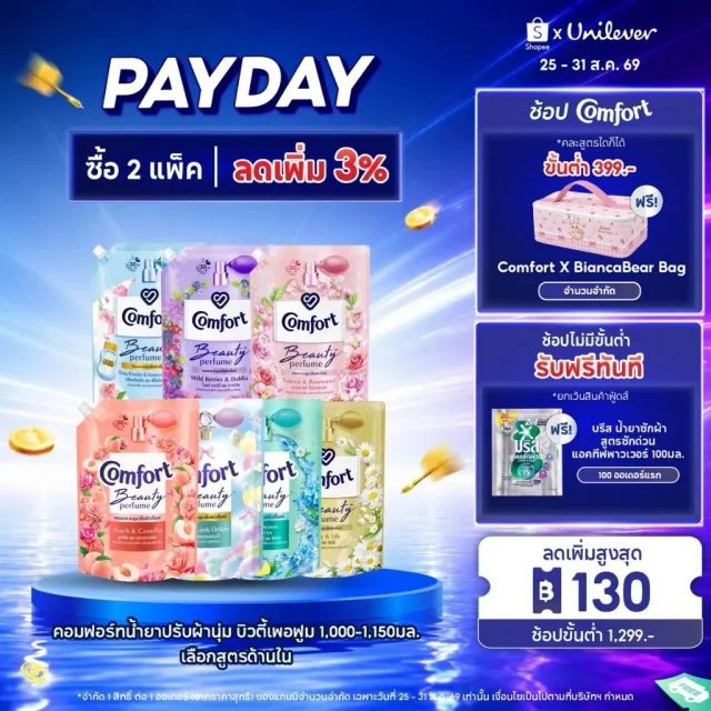 คอมฟอร์ท บิวตี้ เพอร์ฟูม  น้ำยาปรับผ้านุ่ม 1000-1150 มล. x2 Comfort Beauty Perfume Softener 1000-1150 ml. x2