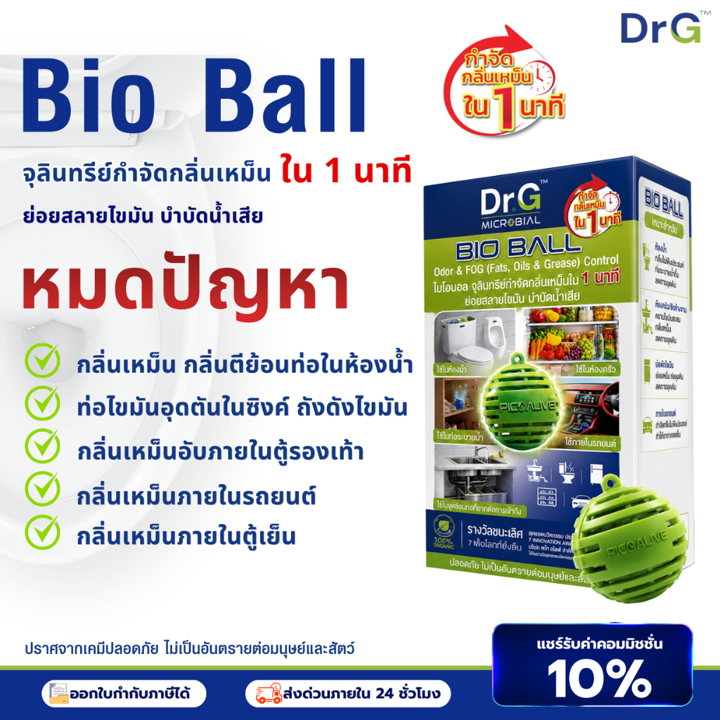 ภาพเพิ่มเติมของ Dr.G Bio Ball 3ลูก จุลินทรีย์ดับกลิ่น ห้องน้ำ ตู้เย็น รถยนต์ By Pico Alive