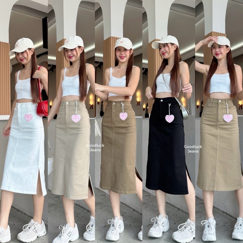 ภาพเพิ่มเติมของ กระโปรงยาวผ้าสีผ่าหน้า ผ้ายืด ผ้ายีนส์สีผ้ายืด💖ทรงสวยใส่แล้วดูเพรียว(ผ่าหน้า)