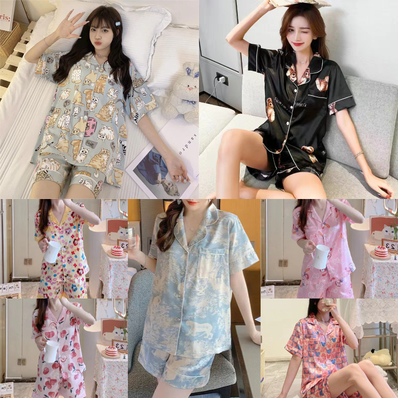 ภาพเพิ่มเติมของ 🌸พร้อมส่ง🌸ชุดนอนผ้าไหมน้ำแข็ง ชุดนอนผ้าซาติน ลายต่างๆ กางเกงขาสั้นแขนสั้น M-2XL พิมพ์ลายโมโนแกรมชุดนอนแฟชั่นสตรี