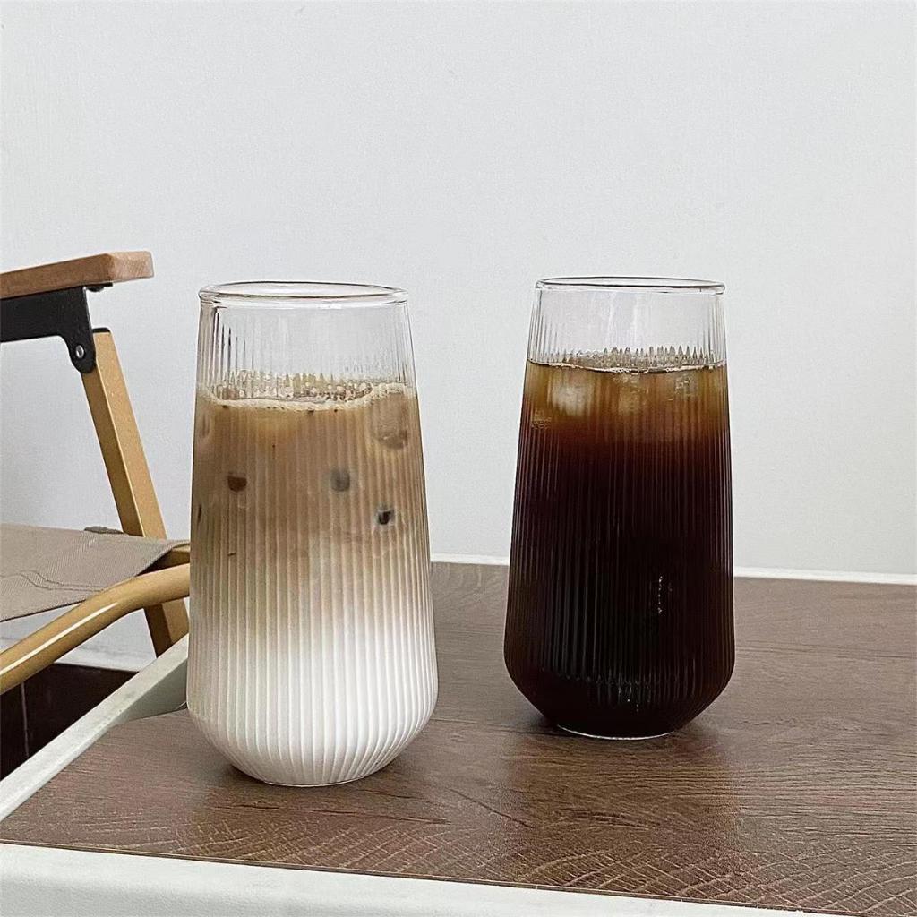แก้วใสลายตรง แก้วกาแฟ ทรงกลม ทนความร้อน สีโปร่งใส แบบเรียบง่าย 500ml