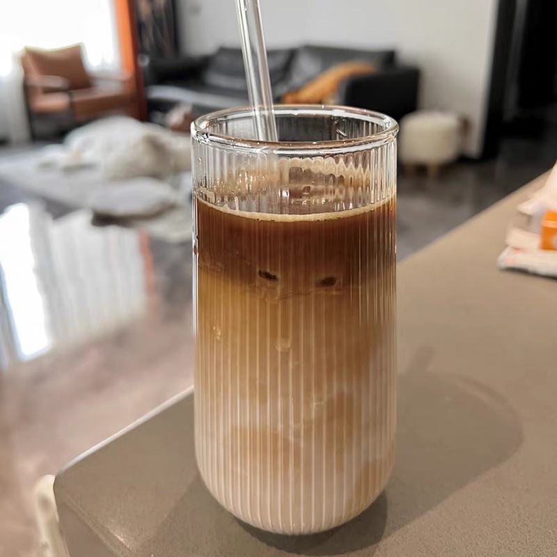ภาพเพิ่มเติมของ แก้วใสลายตรง แก้วกาแฟ ทรงกลม ทนความร้อน สีโปร่งใส แบบเรียบง่าย 500ml
