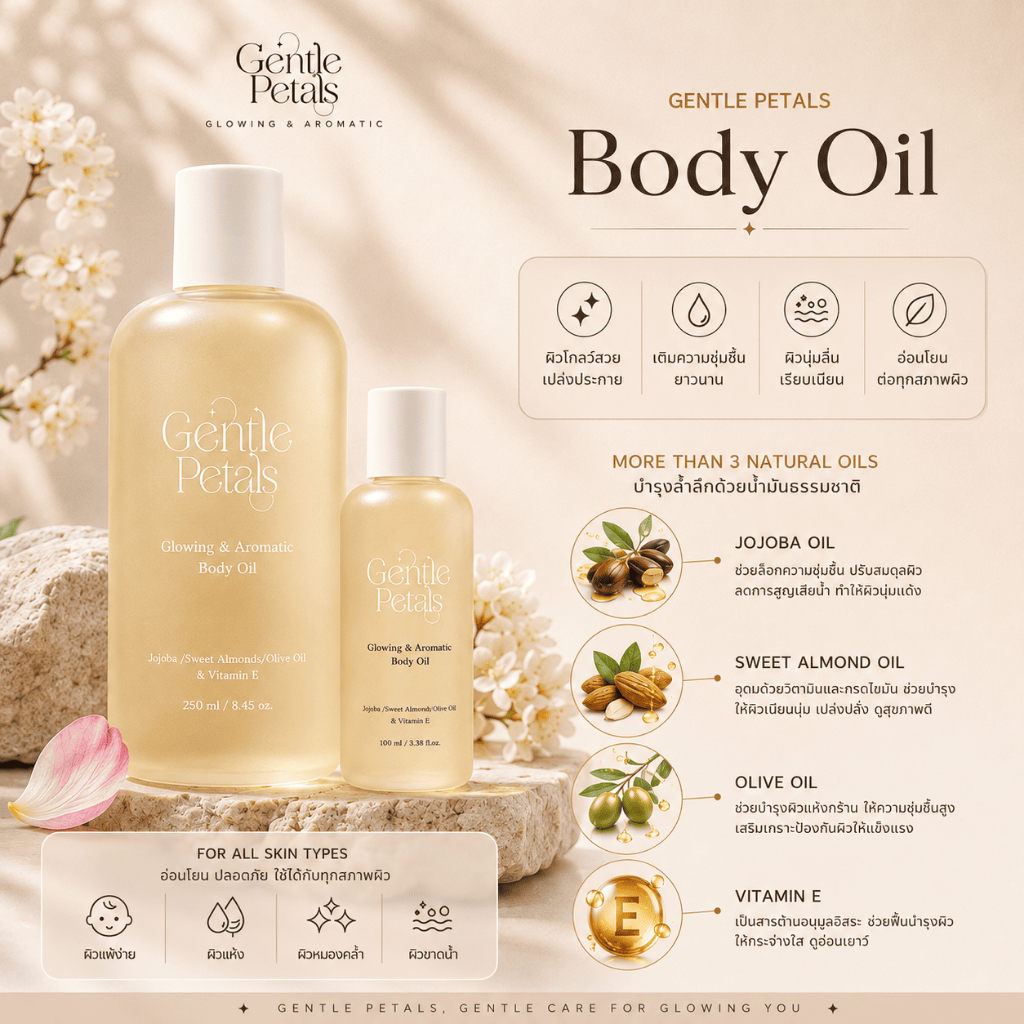 ภาพเพิ่มเติมของ Gentle Petals Glowing & Aromatic body oil บอดี้ออยล์ เนื้อบางเบา ซึมไว ปรับสมดุลผิว คืนความชุ่มชื้นให้ผิว