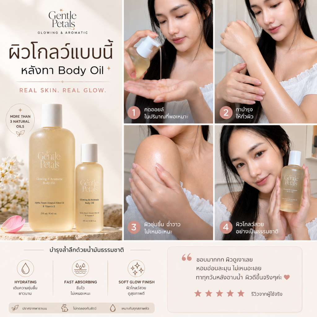 ภาพเพิ่มเติมของ Gentle Petals Glowing & Aromatic body oil บอดี้ออยล์ เนื้อบางเบา ซึมไว ปรับสมดุลผิว คืนความชุ่มชื้นให้ผิว