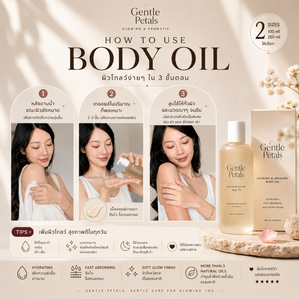 ภาพเพิ่มเติมของ Gentle Petals Glowing & Aromatic body oil บอดี้ออยล์ เนื้อบางเบา ซึมไว ปรับสมดุลผิว คืนความชุ่มชื้นให้ผิว