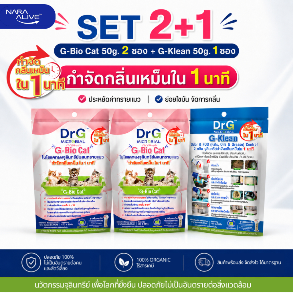 ภาพเพิ่มเติมของ ( Set 2+1) G-Bio Cat 50g.2 ซอง + G-Klean 50g. จุลินทรีย์ดับกลิ่นเหม็นทรายแมว และแก้ปัญหากลิ่นในบ้าน