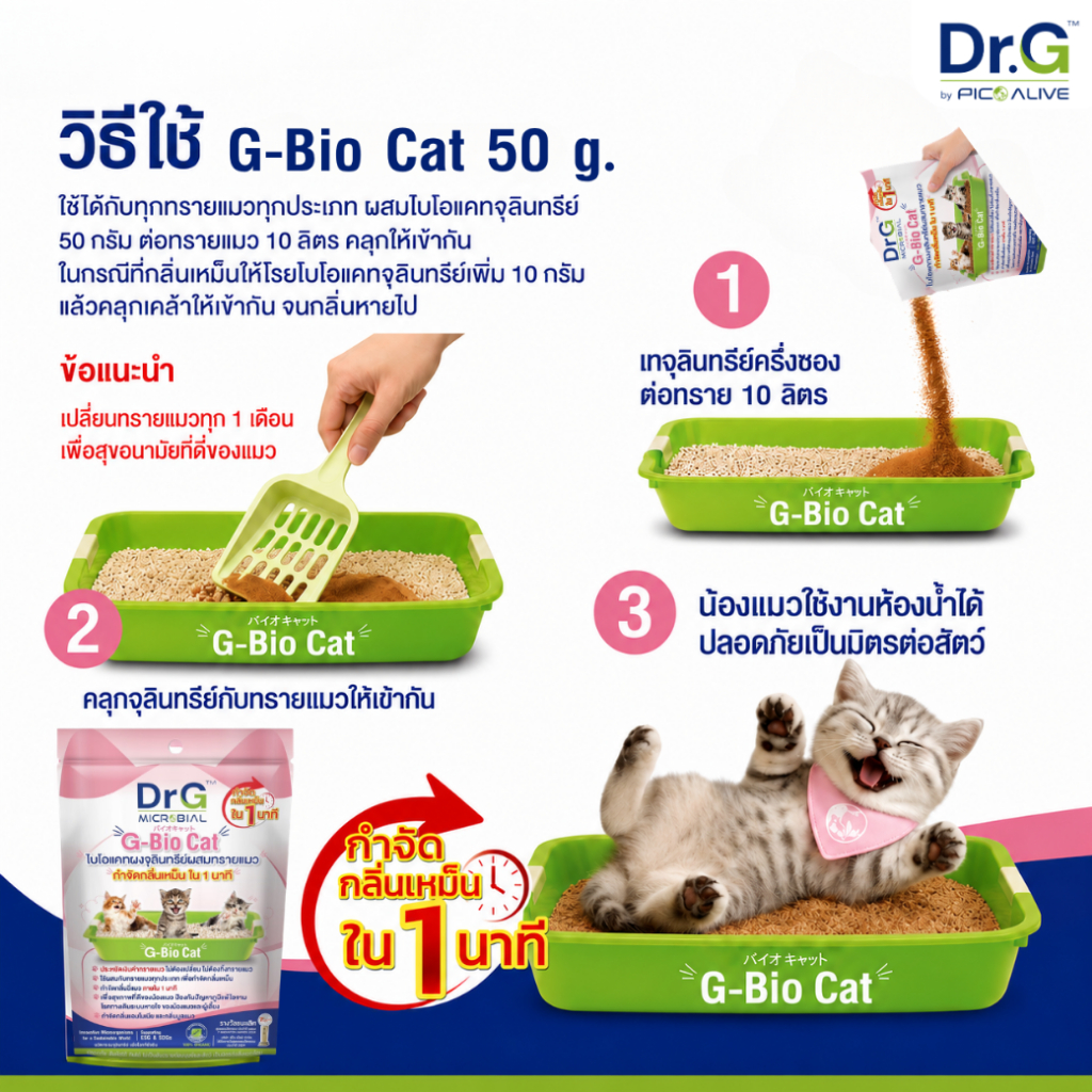 ภาพเพิ่มเติมของ ( Set 2+1) G-Bio Cat 50g.2 ซอง + G-Klean 50g. จุลินทรีย์ดับกลิ่นเหม็นทรายแมว และแก้ปัญหากลิ่นในบ้าน