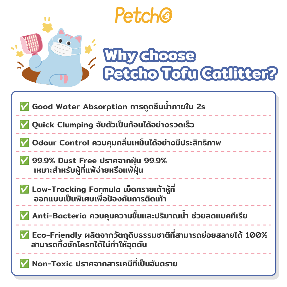 ภาพเพิ่มเติมของ Petcho ทรายแมวเต้าหู้ เกรดพรีเมียม ขนาดอนุภาคเล็ก 1.5 มม จับตัวเป็นก้อนเร็ว ดับกลิ่นดีเยี่ยม