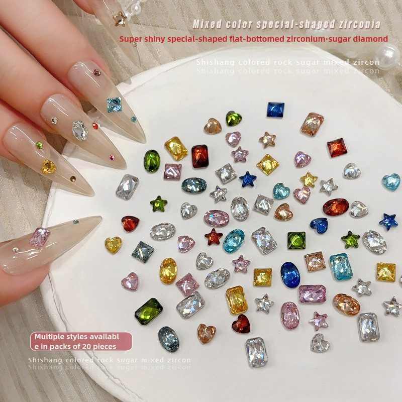 ภาพเพิ่มเติมของ เครื่องประดับเพชรเล็บด้านล่างแบนเพทายสีสันสดใส 20 ชิ้น / เอเลี่ยนนกพิราบหัวใจไข่ดาวห้าแฉกร็อคลูกอมตกแต่งเล็บ / ทำเล็บมือแบบ DIY