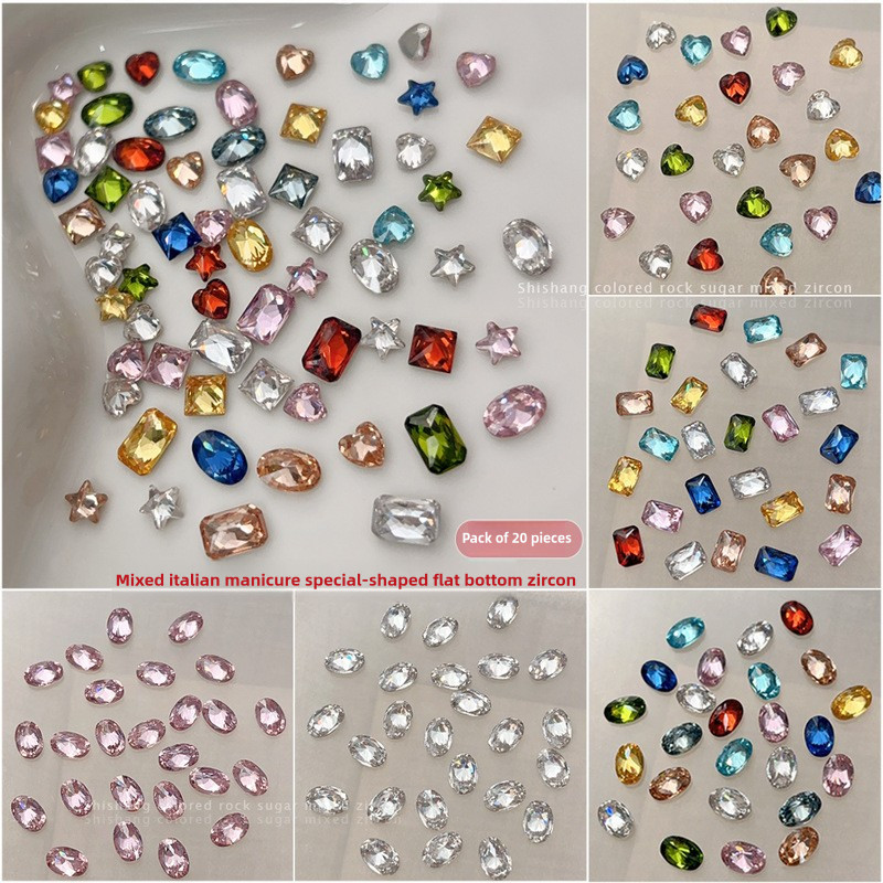 ภาพเพิ่มเติมของ เครื่องประดับเพชรเล็บด้านล่างแบนเพทายสีสันสดใส 20 ชิ้น / เอเลี่ยนนกพิราบหัวใจไข่ดาวห้าแฉกร็อคลูกอมตกแต่งเล็บ / ทำเล็บมือแบบ DIY