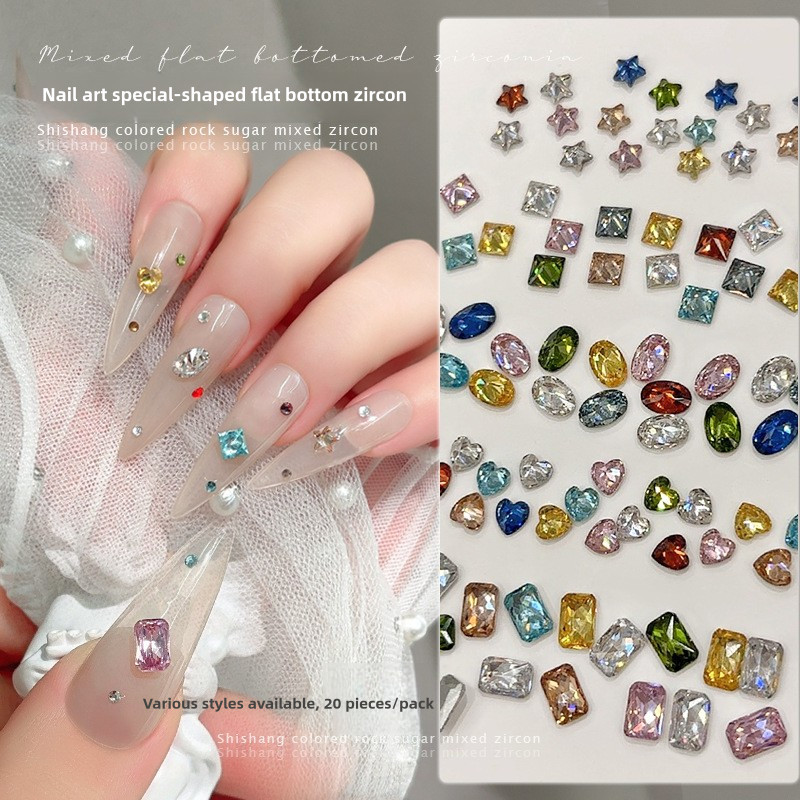 ภาพเพิ่มเติมของ เครื่องประดับเพชรเล็บด้านล่างแบนเพทายสีสันสดใส 20 ชิ้น / เอเลี่ยนนกพิราบหัวใจไข่ดาวห้าแฉกร็อคลูกอมตกแต่งเล็บ / ทำเล็บมือแบบ DIY
