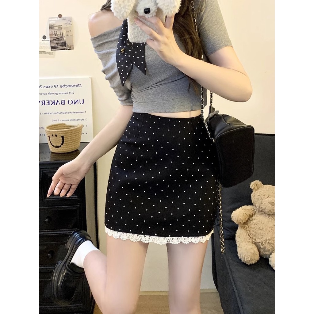 ภาพเพิ่มเติมของ รุ่นยอดฮิต Short polka dot skirt กระโปรงขาสั้น กระโปรงลายจุด แต่งลูกไม้ สาวไซซ์เล็ก สาวอวบใส่ได้