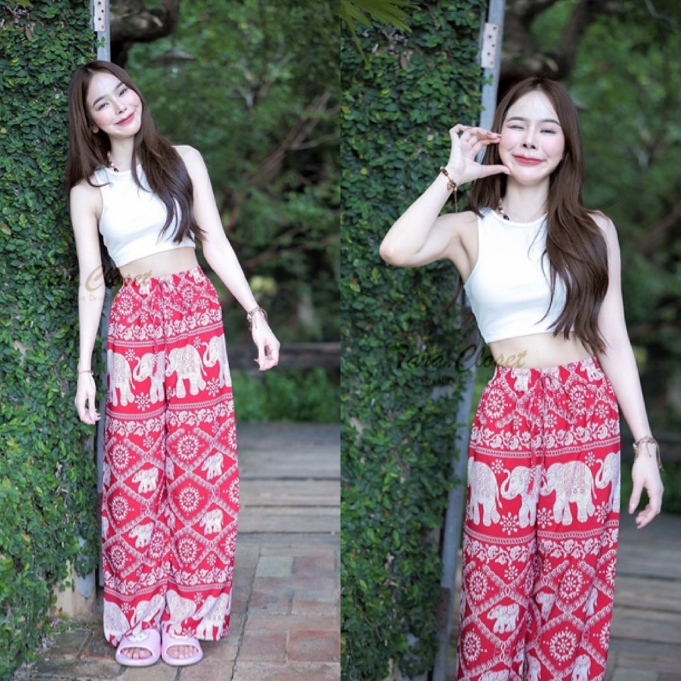 ภาพเพิ่มเติมของ COM505 TARA Pants กางเกงช้าง เอวยางยืด ทรงขากระบอกใหญ่ มีขายาวและขาสั้น เนื้อผ้าไหมอิตาลีพิมพ์ลาย
