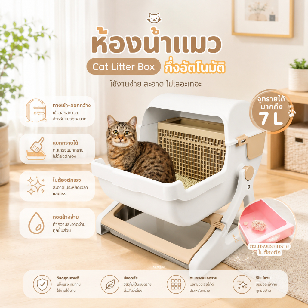 ภาพเพิ่มเติมของ 🐱[PetParadise.th]🐶ห้องน้ำแมว ห้องน้ำแมวกึ่งอัตโนมัติ ใช้งานง่าย มีตะแกรงแยกทราย ไม่ต้องตักเอง