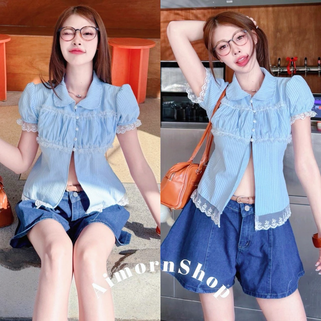 ภาพเพิ่มเติมของ 🔥aimorn_shop🔥 เสื้อคอปกแขนตุ๊กตา แต่งระบาย ดีเทลน่ารักๆ แหวกด้านหน้าเพิ่มความเซ็กซี่ มีเชือกผูกหลังเก๋ๆ เนื้อผ้าใส่สบาย