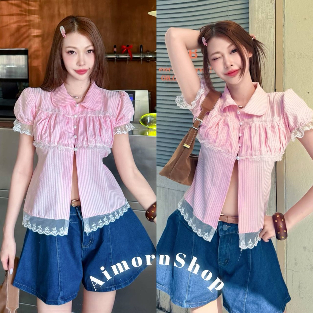 ภาพเพิ่มเติมของ 🔥aimorn_shop🔥 เสื้อคอปกแขนตุ๊กตา แต่งระบาย ดีเทลน่ารักๆ แหวกด้านหน้าเพิ่มความเซ็กซี่ มีเชือกผูกหลังเก๋ๆ เนื้อผ้าใส่สบาย