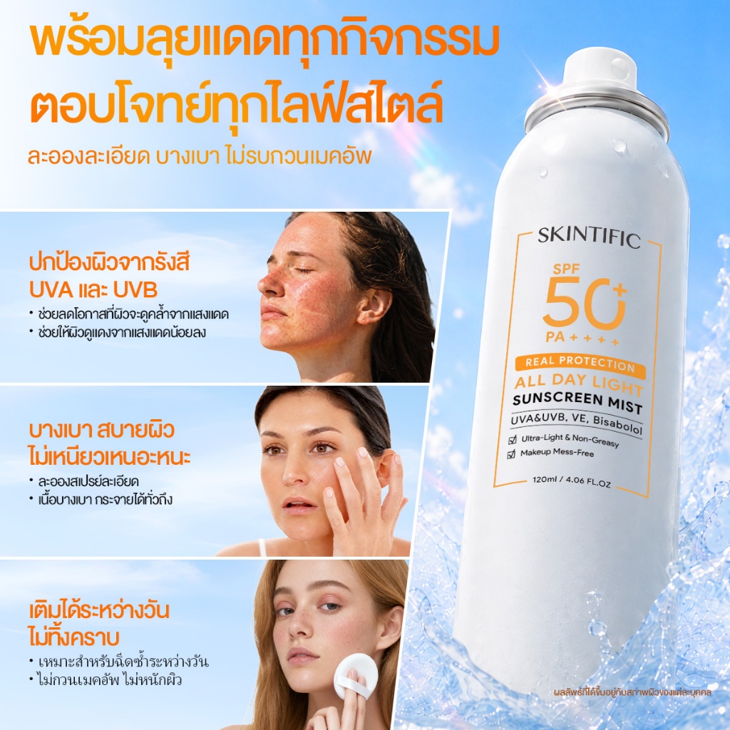 ภาพเพิ่มเติมของ SKINTIFIC All Day Light Sunscreen Mist SPF50+ PA++++ กันแดดสเปรย์ บางเบา กันน้ำ คุมมัน