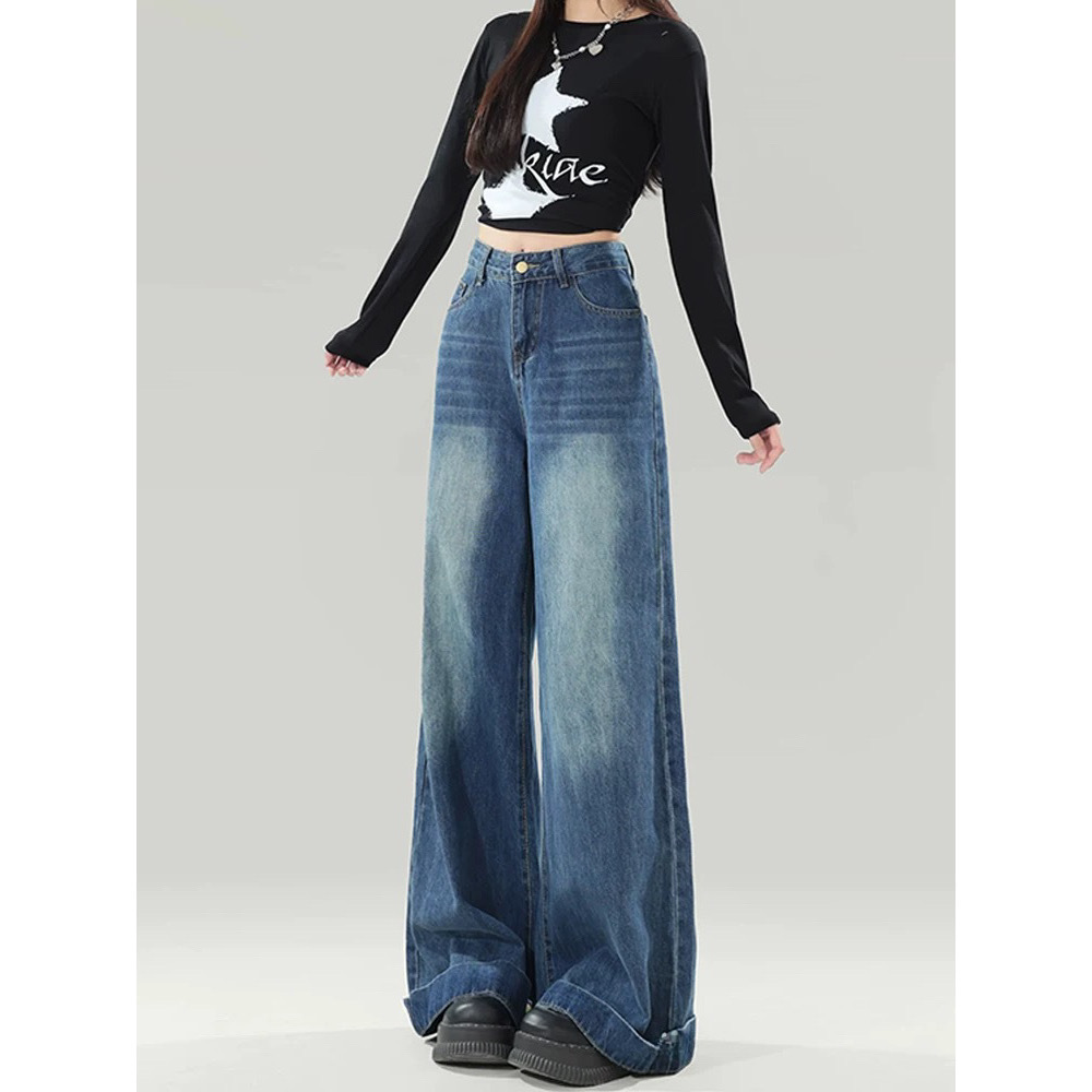 ภาพเพิ่มเติมของ Baggy jeans กางเกงยีนส์ขากว้าง เอวสูง ทรงหลวมสไตล์เกาหลีย้อมอมยุท พร้อมส่ง