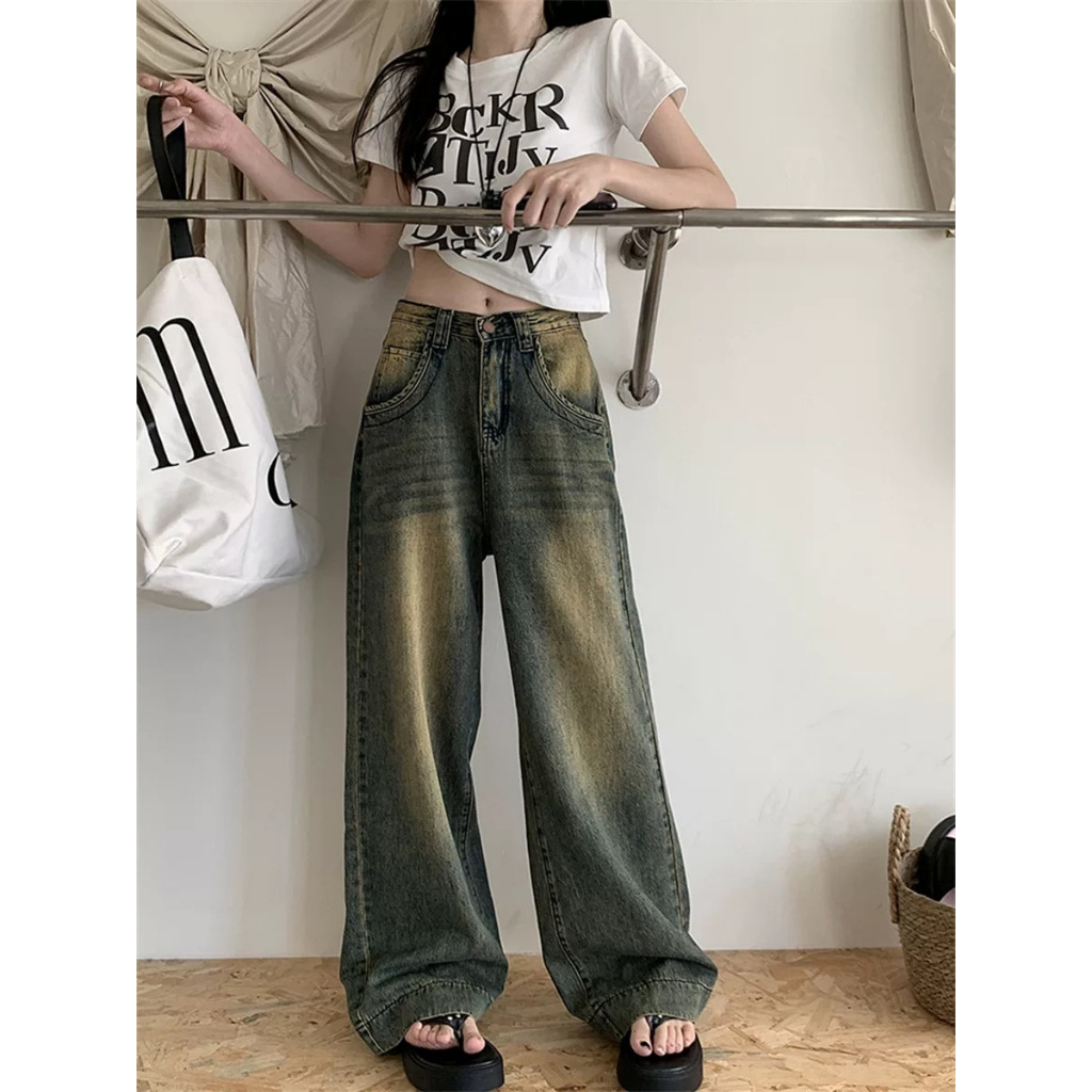 ภาพเพิ่มเติมของ Baggy jeans กางเกงยีนส์ขากว้าง เอวสูง ทรงหลวมสไตล์เกาหลีย้อมอมยุท พร้อมส่ง