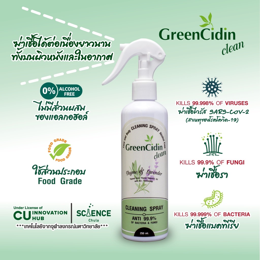 ภาพเพิ่มเติมของ GreenCidin สเปรย์ทำความสะอาด ยับยั้งเชื้อแบคทีเรีย รา และ ไวรัส สูตรปราศจากแอลกอฮอล์ (น้ำยากรีนซิดิน)