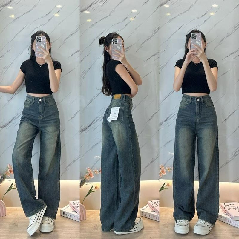 ภาพเพิ่มเติมของ 🌺919JEANS🌺กางเกงยีนส์วินเทจ Fade Long Tube กางเกงยีนส์ผู้หญิง กางเกงยีน ทรงหลวม