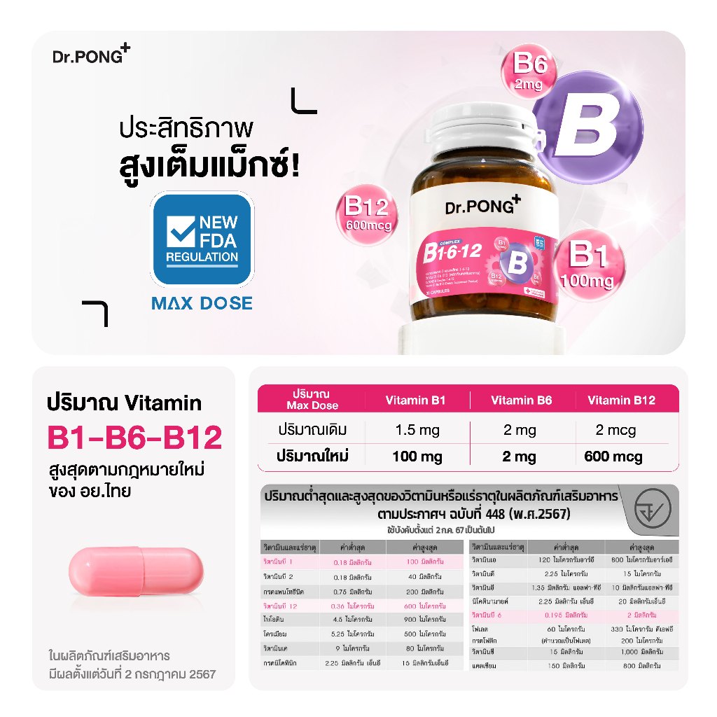 ภาพเพิ่มเติมของ [ช้อปครบ รับฟรี]  Dr.PONG B Complex 1-6-12 Vitamin B1 B6 B12 วิตามินบีรวม บำรุงระบบประสาทและสมอง ช่วยคลายเครียด