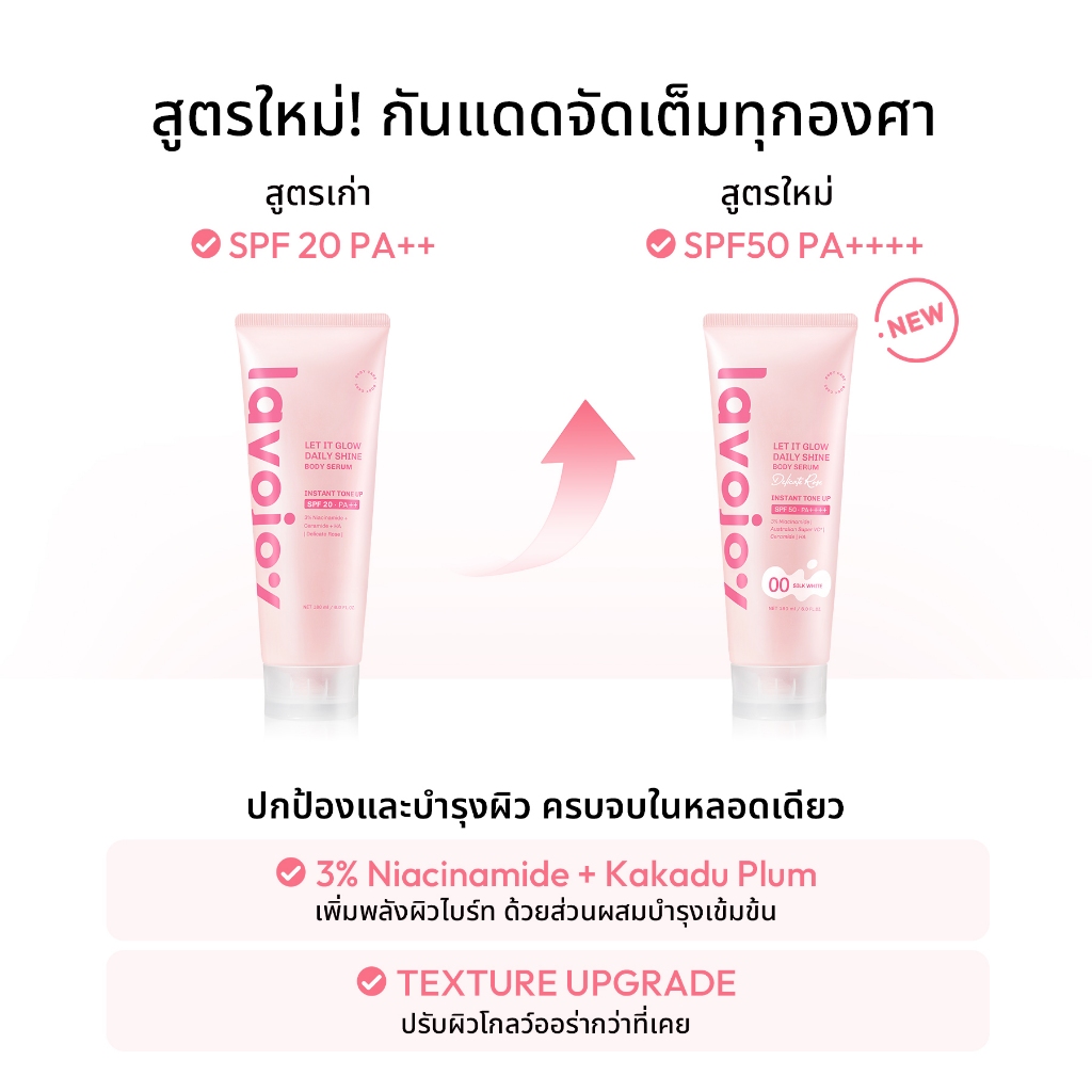 ภาพเพิ่มเติมของ lavojoy Let It Glow Daily Shine Body Serum Delicate Rose180ml. tone up โทนอัพ เนื้อเซรั่ม ปรับผิวกระจ่างใส SPF 50 PA++++