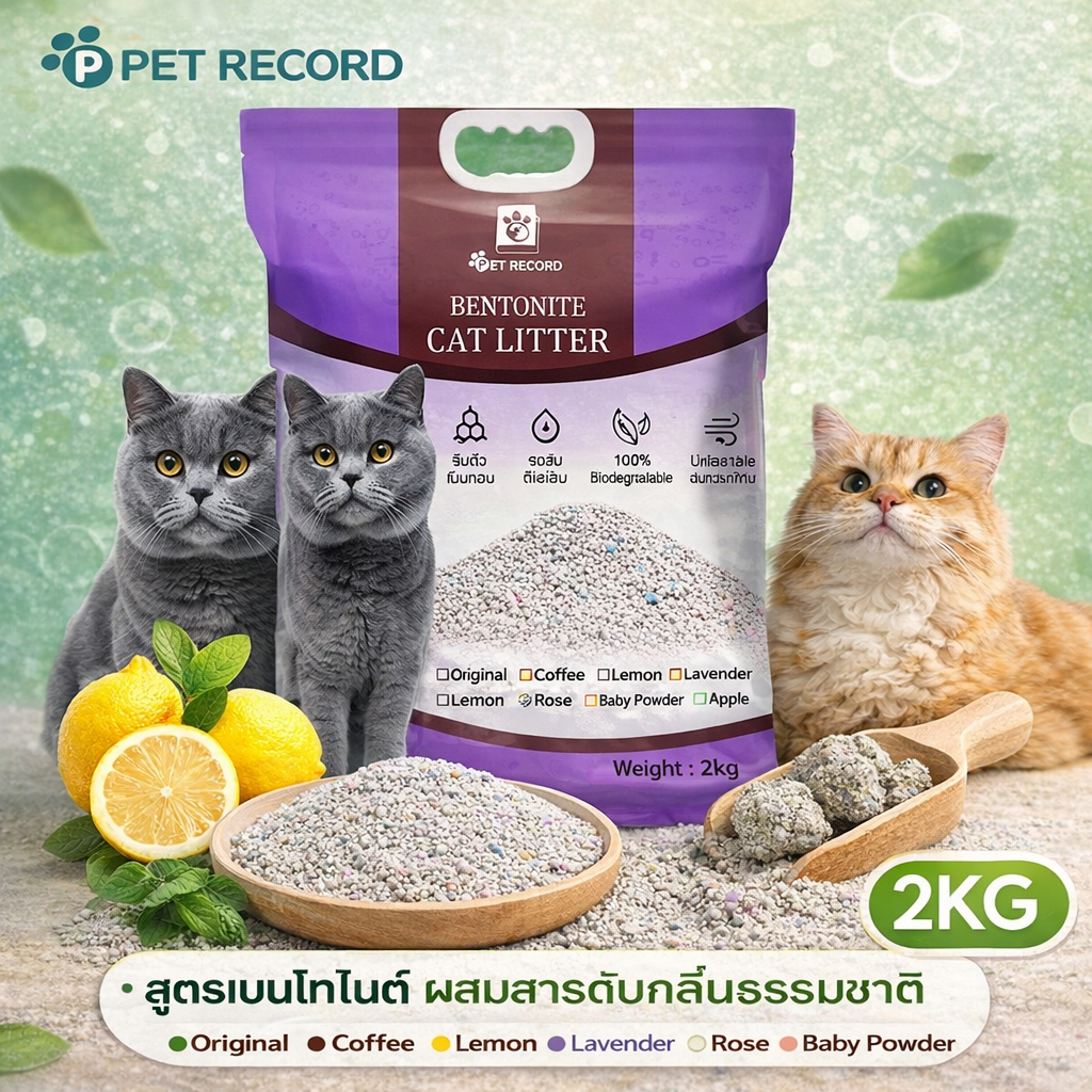 ภาพเพิ่มเติมของ 🔥Pet record ทรายแมว 2KG ทรายเบนโทไนท์ ทรายแมวผสม มีประสิทธิภาพในการดับกลิ่น 6 กลิ่นหอมฟิน!