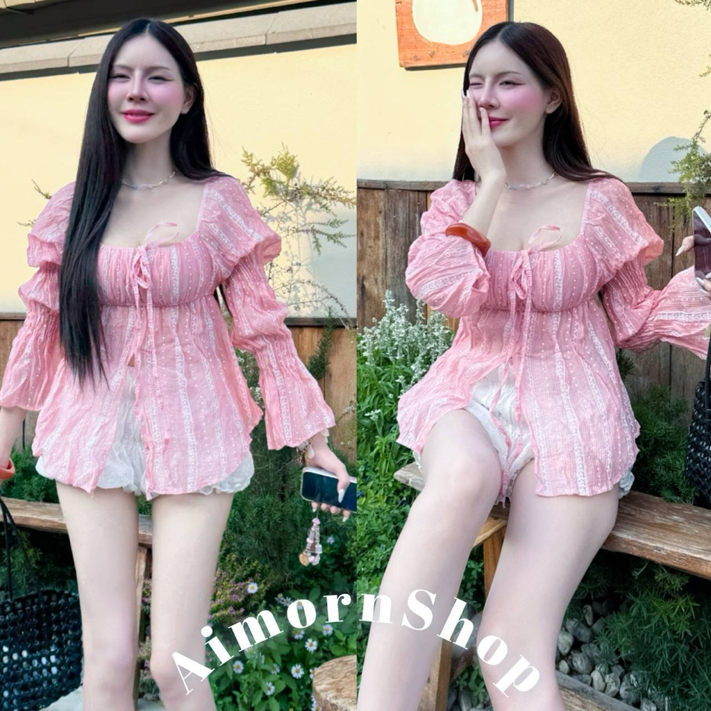 ภาพเพิ่มเติมของ 🔥aimorn_shop🔥 เสื้อแขนตุ๊กตา แขนยาวผ่าหน้า ผ้าโรซี่ ผ้าบาง งานสวยมากๆ