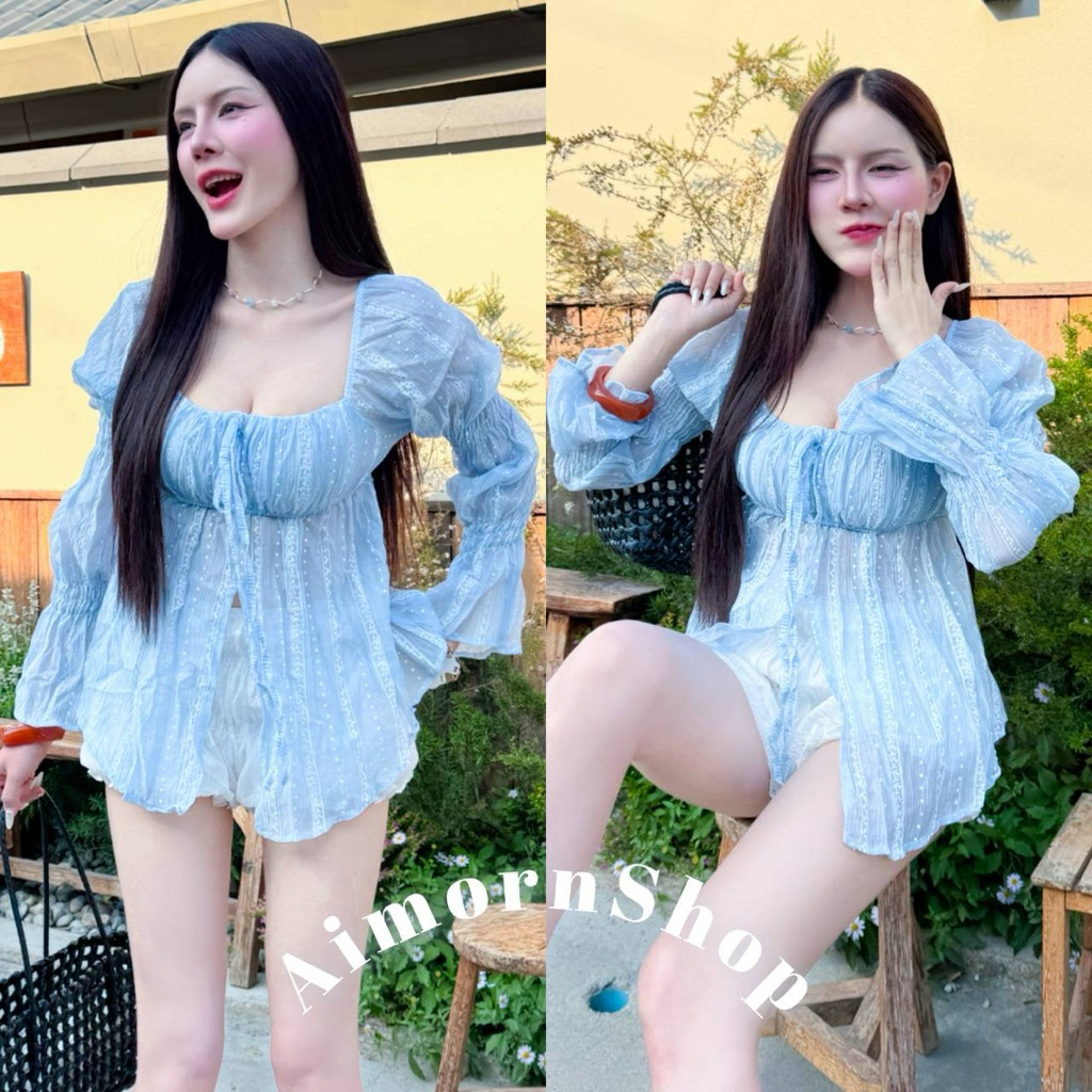ภาพเพิ่มเติมของ 🔥aimorn_shop🔥 เสื้อแขนตุ๊กตา แขนยาวผ่าหน้า ผ้าโรซี่ ผ้าบาง งานสวยมากๆ