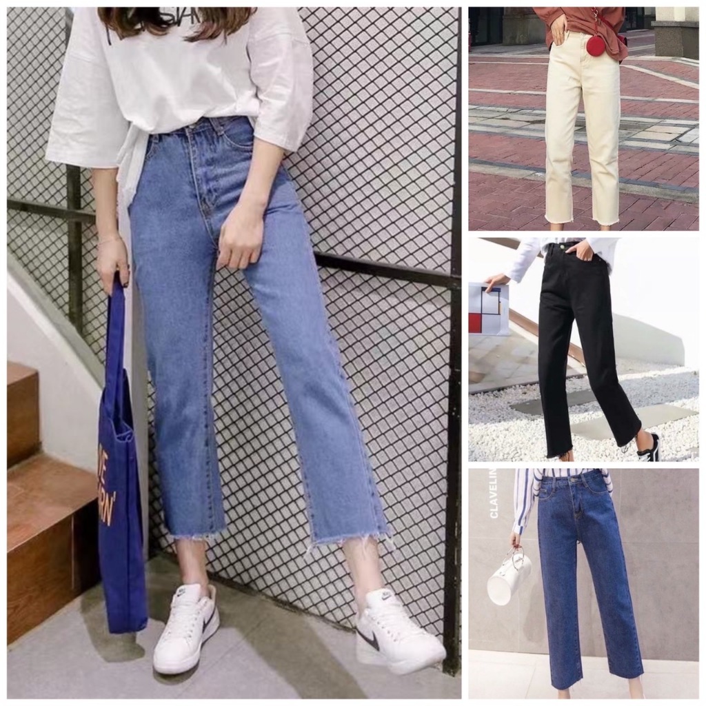 ภาพเพิ่มเติมของ 👖💗MKL💗👖 กางเกงยีนส์เอวสูง ทรงขากระบอก ปลายรุ่ย สไตล์เกาหลี กางเกงยีนส์ขายาว 🚚⚡ #8013