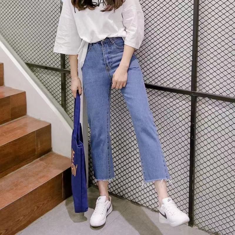 ภาพเพิ่มเติมของ 👖💗MKL💗👖 กางเกงยีนส์เอวสูง ทรงขากระบอก ปลายรุ่ย สไตล์เกาหลี กางเกงยีนส์ขายาว 🚚⚡ #8013