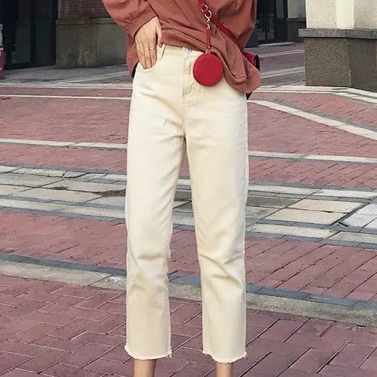 ภาพเพิ่มเติมของ 👖💗MKL💗👖 กางเกงยีนส์เอวสูง ทรงขากระบอก ปลายรุ่ย สไตล์เกาหลี กางเกงยีนส์ขายาว 🚚⚡ #8013