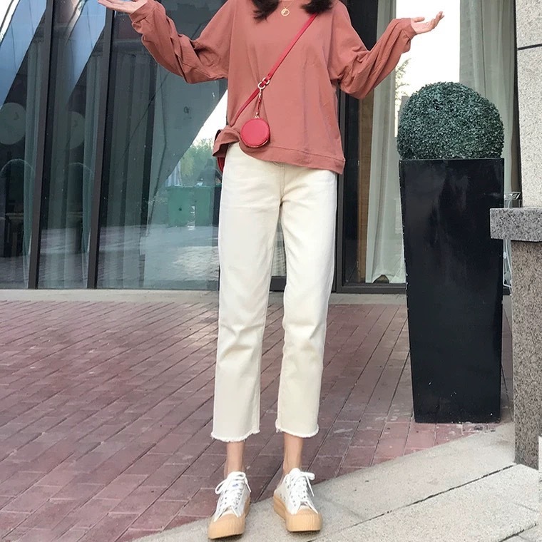 ภาพเพิ่มเติมของ 👖💗MKL💗👖 กางเกงยีนส์เอวสูง ทรงขากระบอก ปลายรุ่ย สไตล์เกาหลี กางเกงยีนส์ขายาว 🚚⚡ #8013