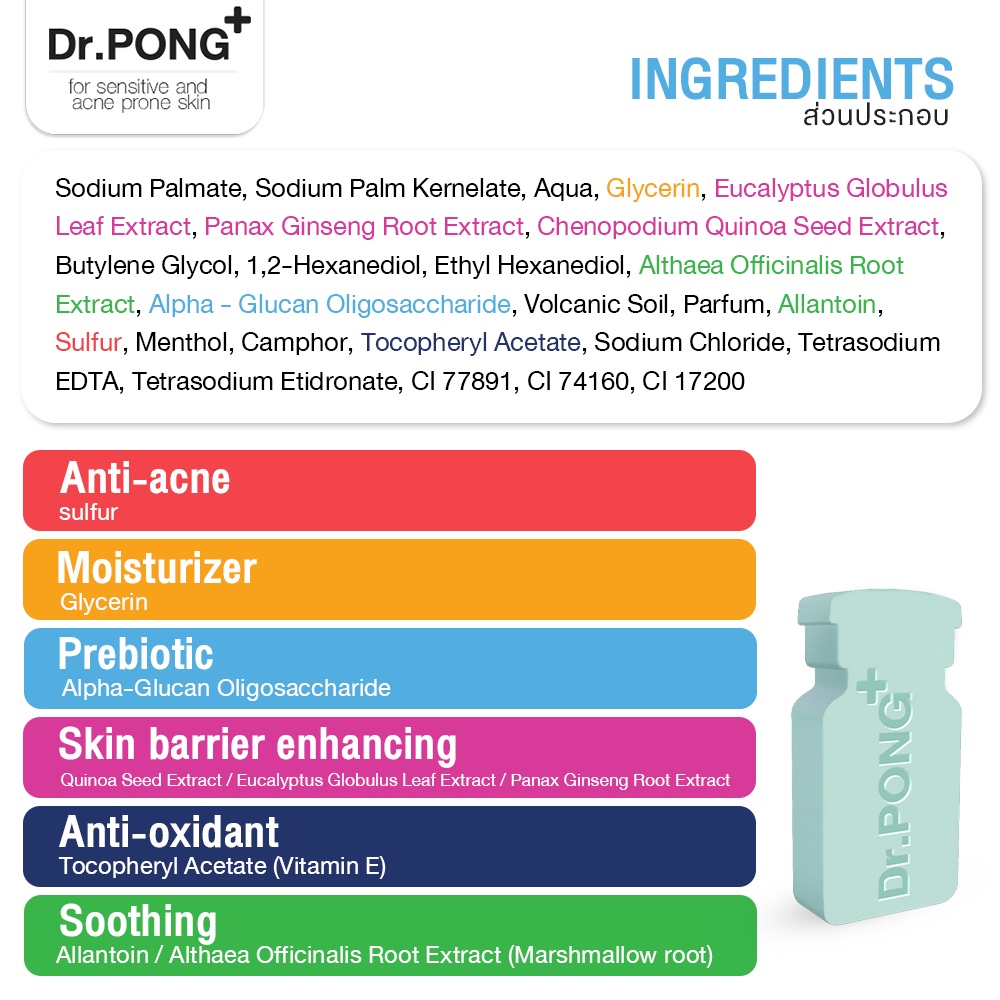 ภาพเพิ่มเติมของ สบู่ลดสิวสูตรอ่อนโยน Dr. PONG Natural Volcanic Sulphur 3% Soap with BHA 2% ดอกเตอร์พงศ์ สำหรับคนเป็นสิว