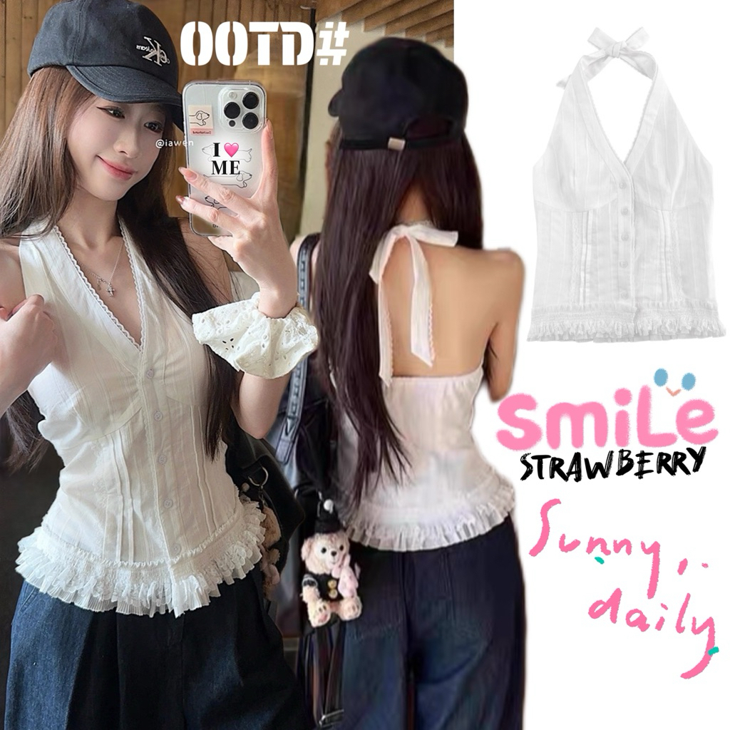 ภาพเพิ่มเติมของ STR พร้อมส่ง🍧✨เสื้อคล้องคอลแต่งลูกไม้สีขาว คอวี โชว์หลัง เสื้อครอปทรงรัดรูป มีกระดุม สไตล์ฝรั่งเศส เซ็กซี่แฟชั่นผู้หญิง