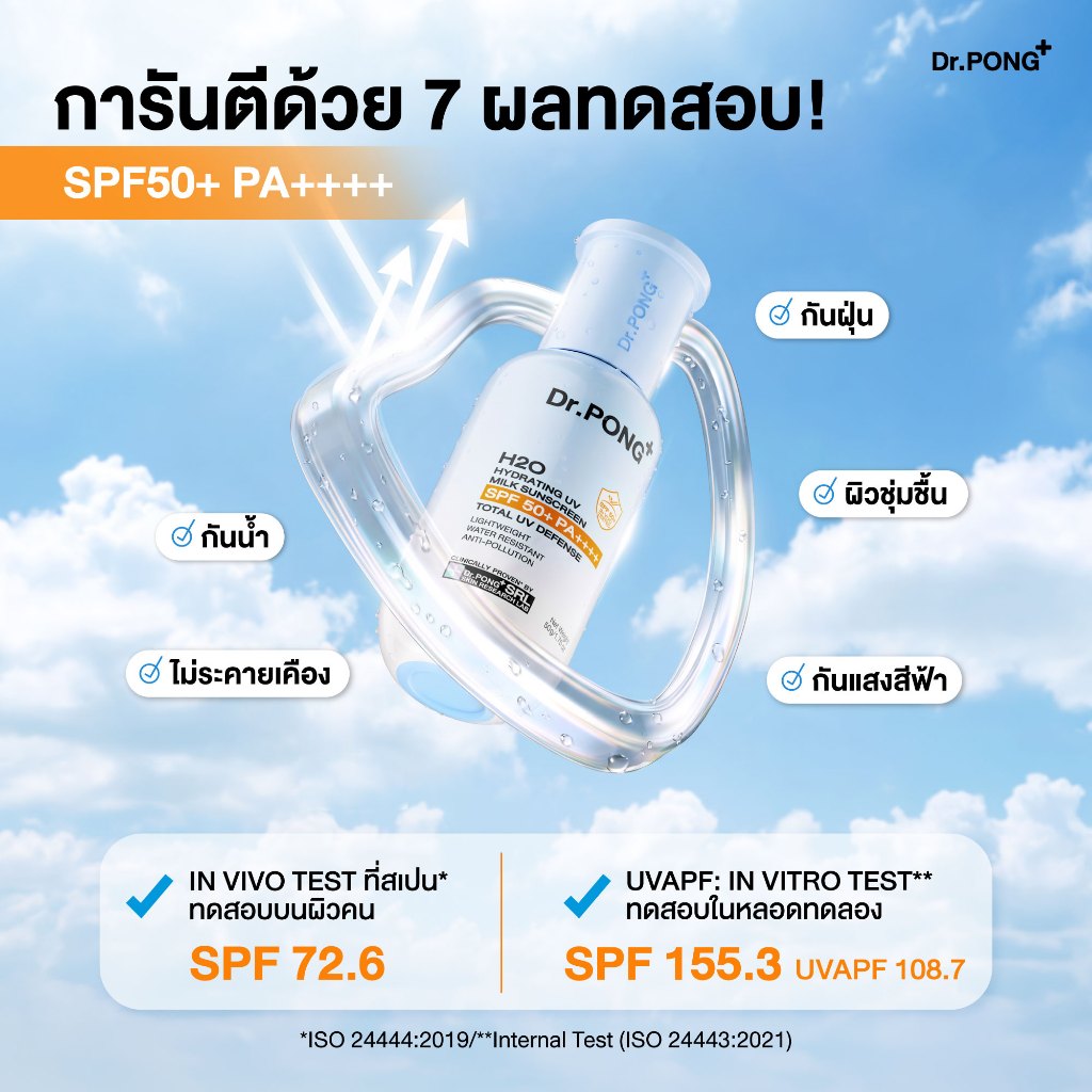 ภาพเพิ่มเติมของ [ลดเพิ่ม 400.-] Dr.PONG รวมกันแดด 2 สูตร H2O กันแดดสูตรชุ่มชื้น & BLUE กันแดดสูตรผิวไบรท์ SPF50+ PA++++ Sunscreen 50g