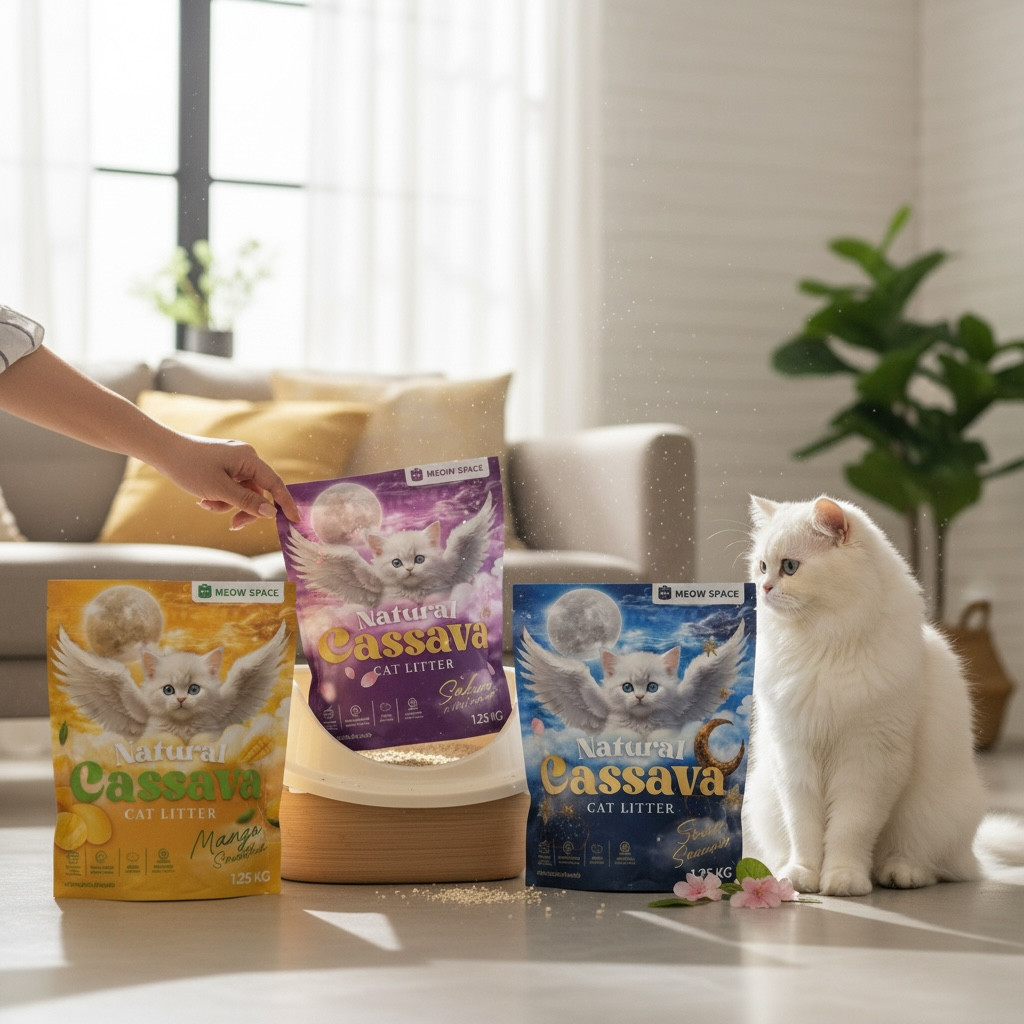 ภาพเพิ่มเติมของ (ทรายแมวไม่ติดกะบะ) Meow Space ทรายแมวมันสำปะหลัง 1.25กิโลx2ถุง ทรายแมวไร้ฝุ่น จับก้อนทันที ไม่ติดกะบะทราย ล็อคกลิ่นอึ