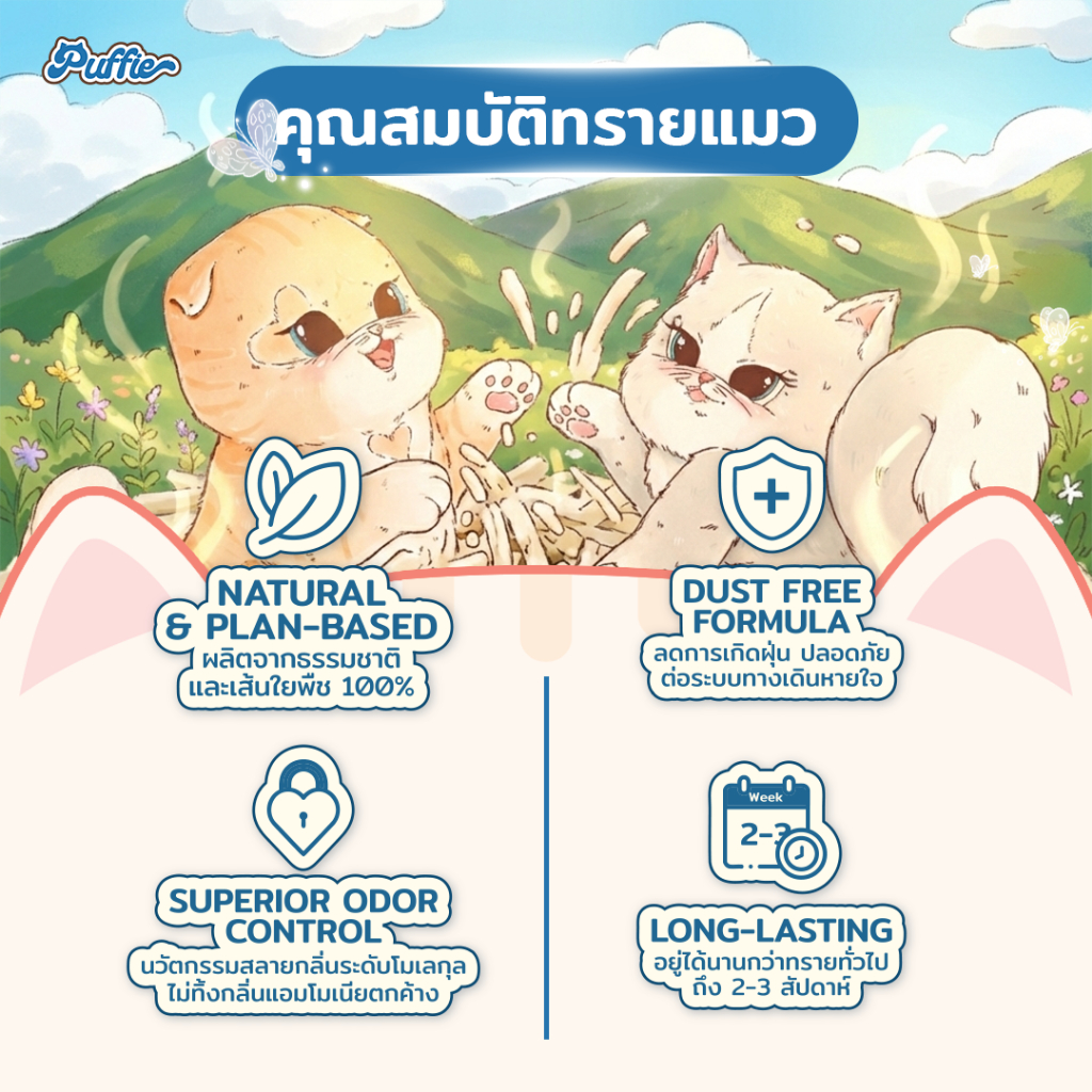ภาพเพิ่มเติมของ Puffie 10 ลิตร (4.5 kg) ทรายแมวเต้าหู้ Tofu Cat Litter จากธรรมชาติ เกรดพรีเมียม ละลายน้ำดี ฝุ่นน้อย จับตัวไว