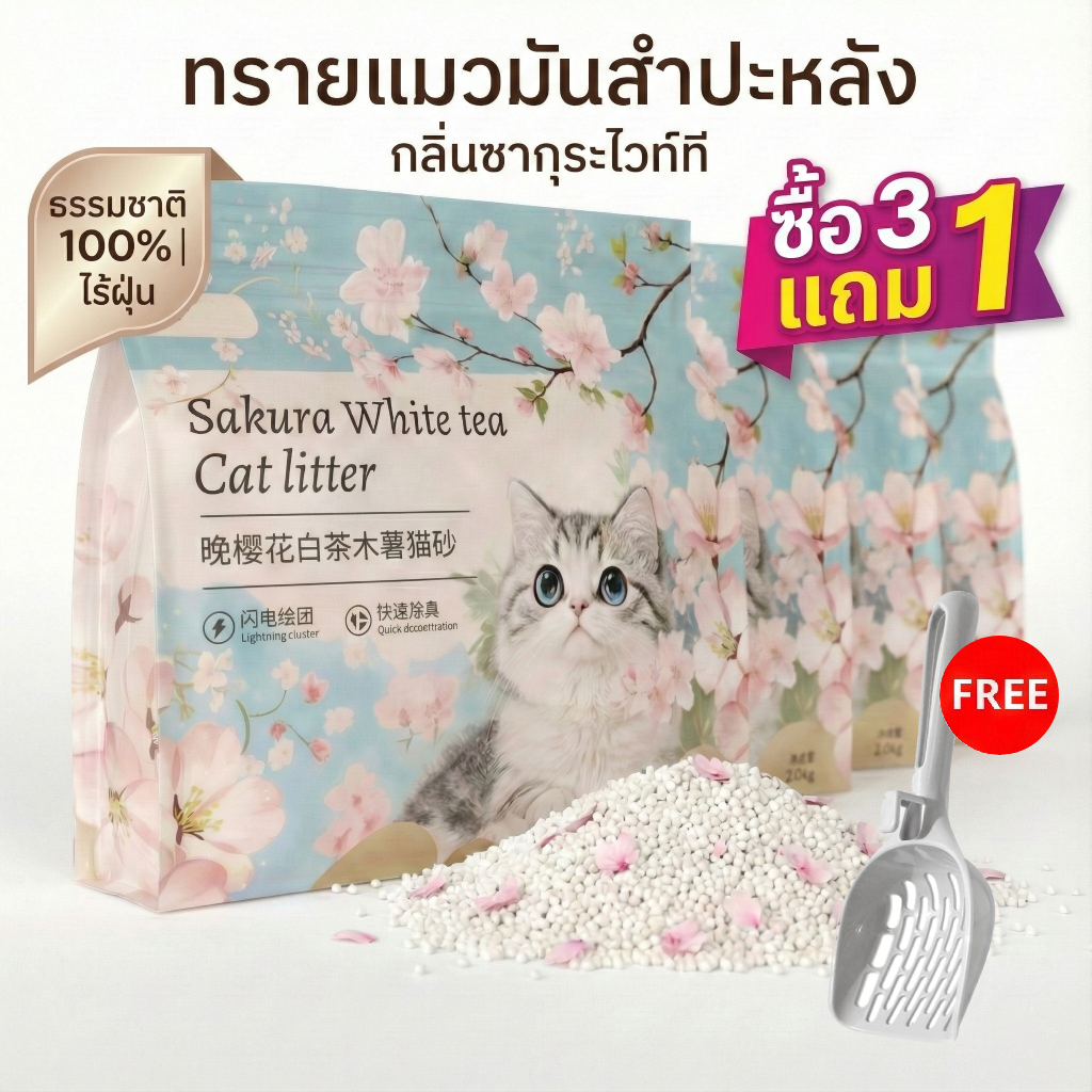 [ซื้อ 3 แถม 1] ทรายแมวมันสำปะหลัง กลิ่นซากุระชาขาว จับตัวเป็นก้อนไว ดับกลิ่นดีเยี่ยม แถมฟรี! ที่ตักท