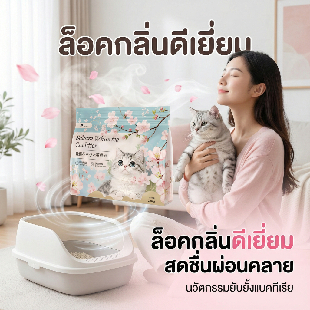 ภาพเพิ่มเติมของ [ซื้อ 3 แถม 1] ทรายแมวมันสำปะหลัง กลิ่นซากุระชาขาว จับตัวเป็นก้อนไว ดับกลิ่นดีเยี่ยม แถมฟรี! ที่ตักท