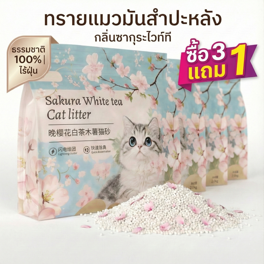 ภาพเพิ่มเติมของ [ซื้อ 3 แถม 1] ทรายแมวมันสำปะหลัง กลิ่นซากุระชาขาว จับตัวเป็นก้อนไว ดับกลิ่นดีเยี่ยม แถมฟรี! ที่ตักท