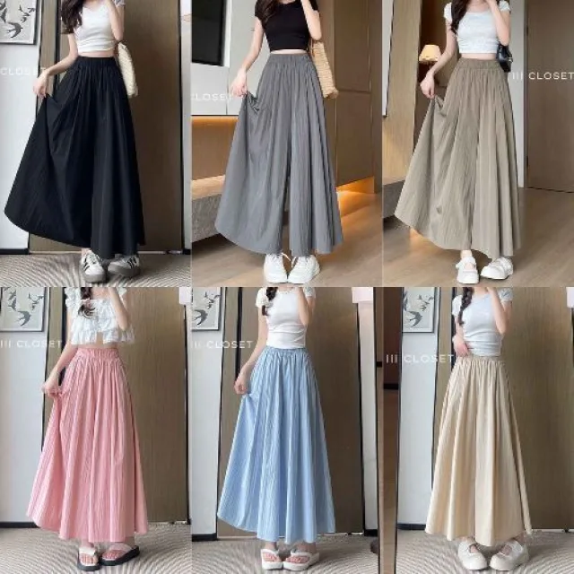 กางเกงกระโปรง lll Freesize lll COM523 สม็อกรอบเอว มีกระเป๋าข้าง ผ้าครัช ไม่ต้องรีด ใส่สบาย