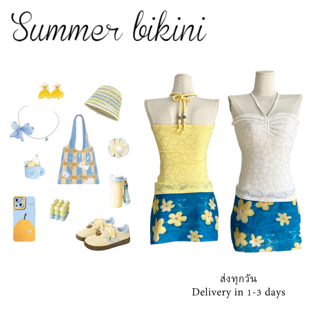 ภาพเพิ่มเติมของ ส่งไวจากไทย🌼เสื้อเกาะอกคล้องคอ+กระโปรงตาข่ายพิมพ์ลาย ปักลายดอกไม้ มีฟองน้ำ แฟชั่นเกาหลี summer beach